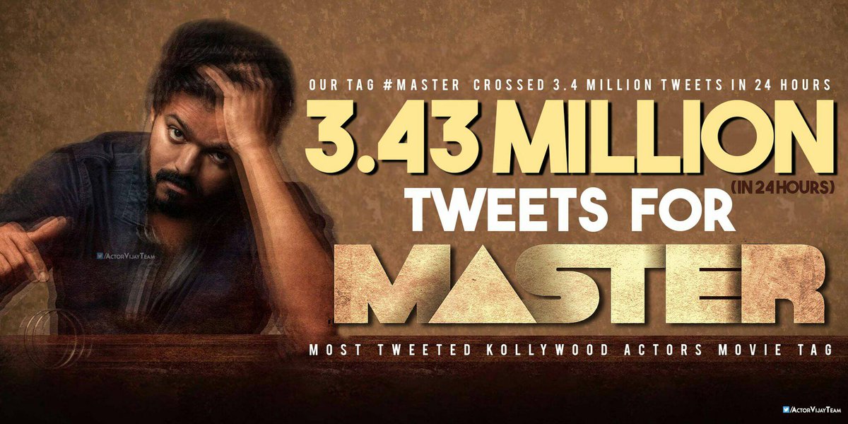 Actor_Vijay's tweet photo. 3.43 MILLION Tweets For #Master Movie Title in  24Hrs . HIGHEST 🏆 https://t.co/HONqIs2xEw
