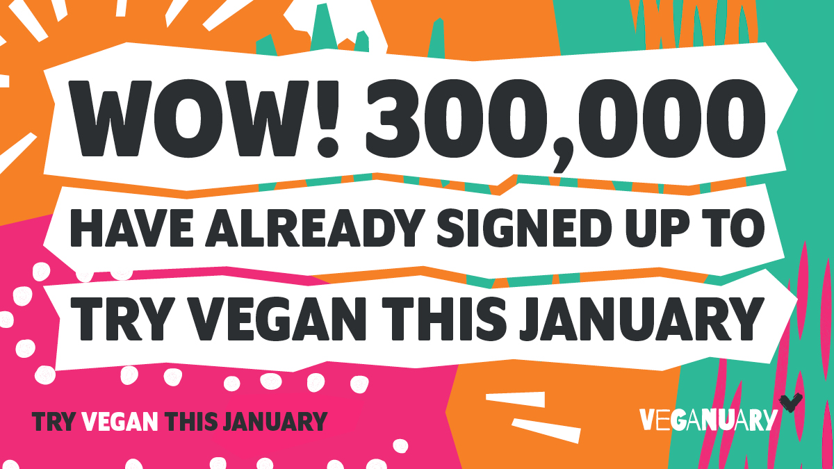 What a way to welcome in 2020 🎉 A MASSIVE 300,000 PEOPLE have already signed up to give vegan a try this January &amp; we're only on the first day of the month! Do you know someone that might like to give vegan a go this Jan? TAG them, it's free to sign up 👉 veganuary.com/register