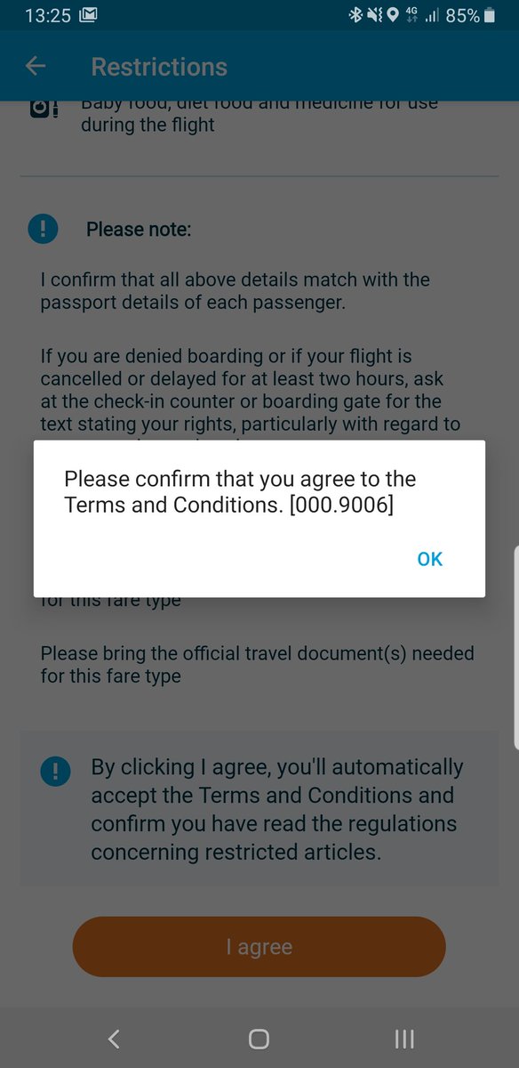 EoinMurphy's tweet photo. @KLM we're having issues checking in using your Android app. Can't get past restrictions terms and conditions, pressing I agree results in this message https://t.co/s1TYUp6eji