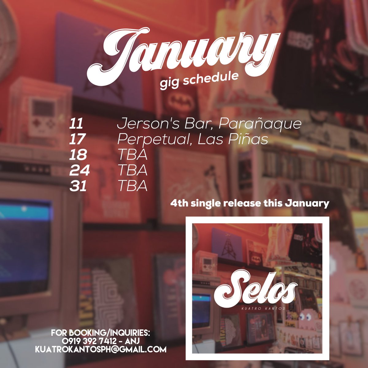 Hello, 2020! ✨ Ito gig sched namin for this month!
Abangan niyo release ng 4th single namin, ha?

For gig invitations, inquiries or booking, contact: 0919 392 7412 or email us at kuatrokantosph@gmail.com (mura lang tf namin, bes! haha)