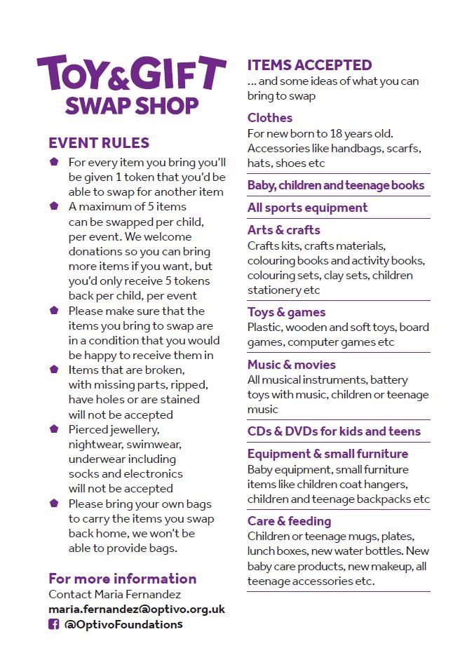 Toy and Gift swap Shop                 Sunday 19th January &amp; Saturday 8th February @ 2-4pm at Grosvenor House 125 High St, Croydon CR0 9XP