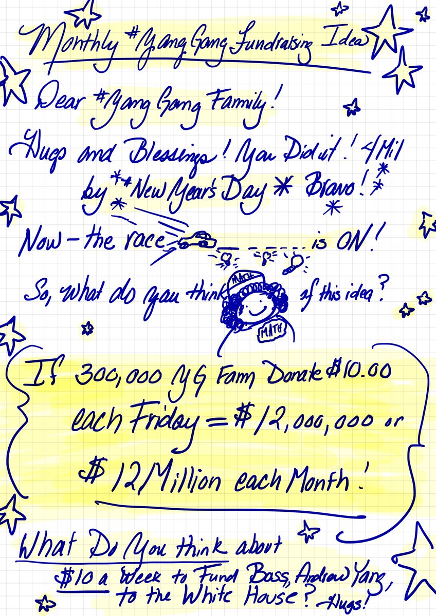 vbbernard's tweet photo. Hugs Dear #YangGang Fam!
Bravo on hitting #4MilForYang!
Outstanding Teamwork!
💡 Idea!
To keep the #Yangmentum going...What do U think of this @AndrewYang Funds idea?
If 300,000 YG Donate $10 each Friday, We’d raise $12Million a Month!
#12MilAMoYang?
Thoughts?
: ) https://t.co/Atfc1jW6KI