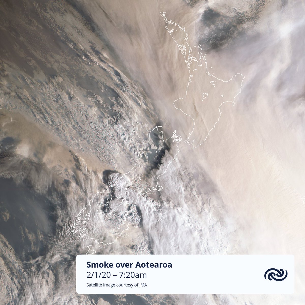 Hazy sunrises for the North Island today! The main band of smoke has moved north from yesterday, while another band of smoke lingers over the South Island.  ^Tahlia