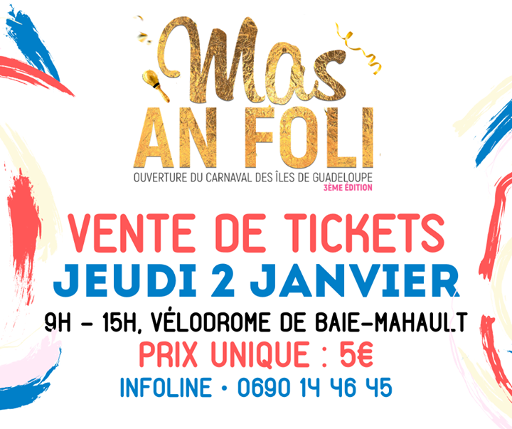 masanfoli's tweet photo. #MasAnFoli | Les permanences de vente se poursuivent. Ce Jeudi, retrouvez-nous de 9H à 15H au Vélodrome Amédée DETRAUX pour la vente des tickets du MAS AN FOLI, l'ouverture du Carnaval des îles de Guadeloupe. 
_____________
Modes de règlements acceptés :… https://t.co/pDz5rhnaNu https://t.co/uaPu6zdmvN