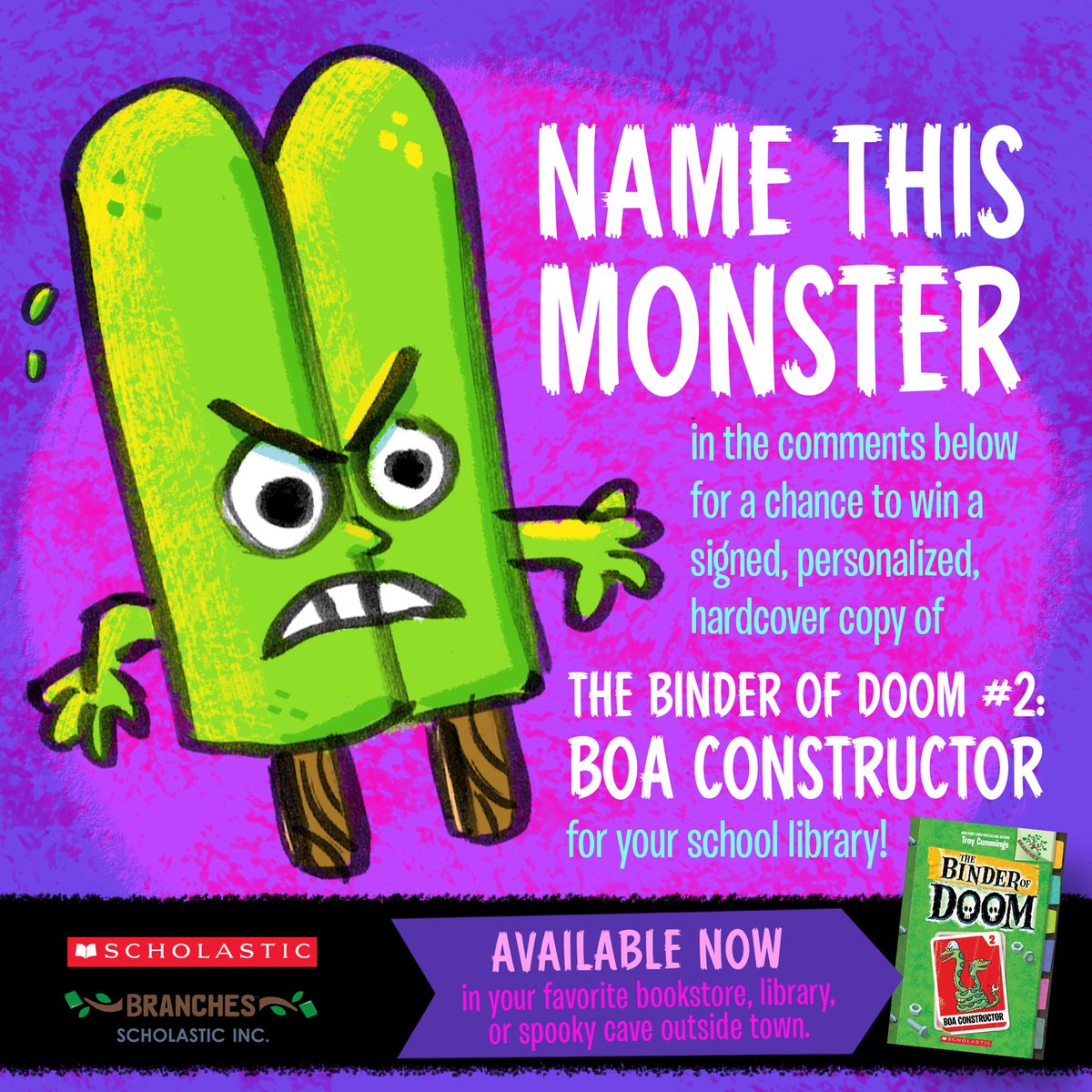 Let's kick off 2020 with a BOOK GIVEAWAY! Name this monster in the comments below. I’ll randomly choose 3 winners Jan. 3, at 10am EST. The winner’s school library will get a signed copy of BOA CONSTRUCTOR! (Tag your school , and include the hashtag #binderofdoom.) <a href="/scholastic/">Scholastic</a>