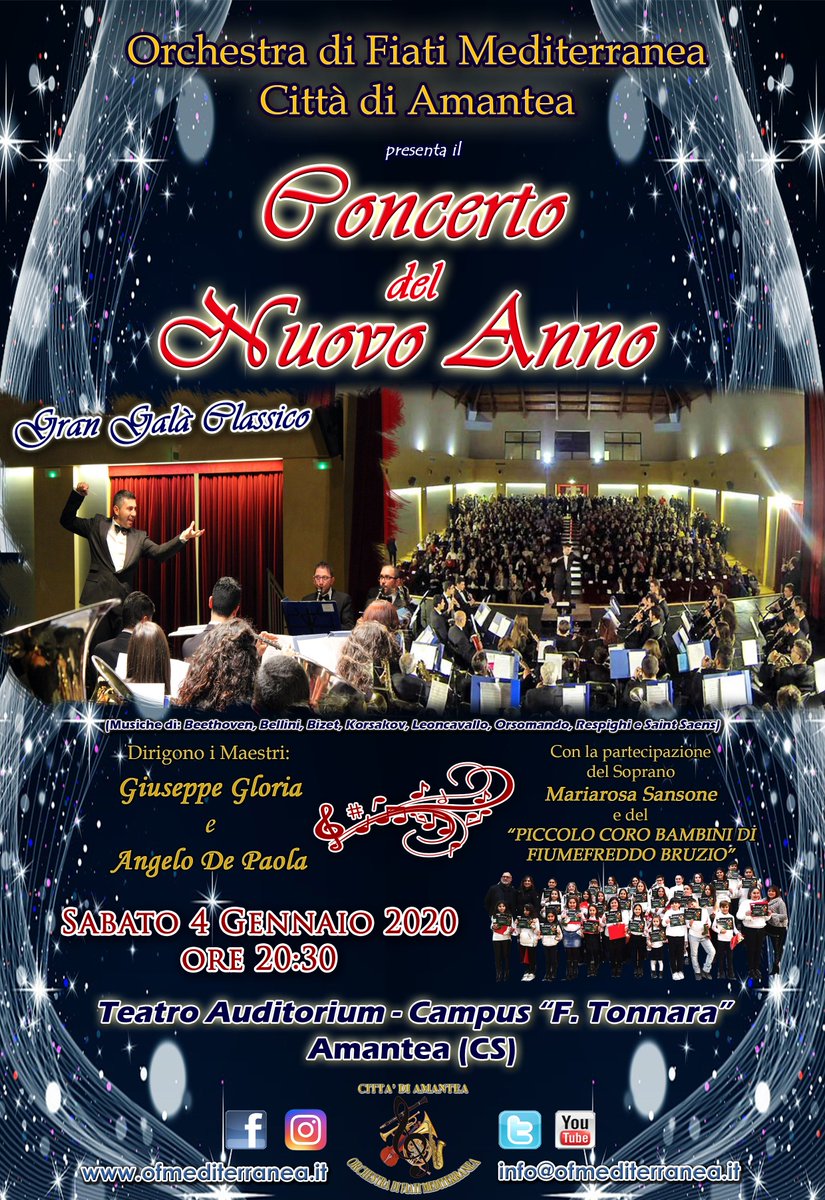 OFMAmantea's tweet photo. L'OFM invita al #ConcertodelNuovoAnno #GranGalàClassico Sabato 04/01 alle 20:30 c/o il Campus "F. Tonnara" di #Amantea - Il concerto, diretto dai M° G. Gloria e A. De Paola, vedrà la partecipazione del Soprano Mariarosa Sansone e del “PICCOLO CORO BAMBINI DI FIUMEFREDDO BRUZIO” https://t.co/r4JPLcBDM2
