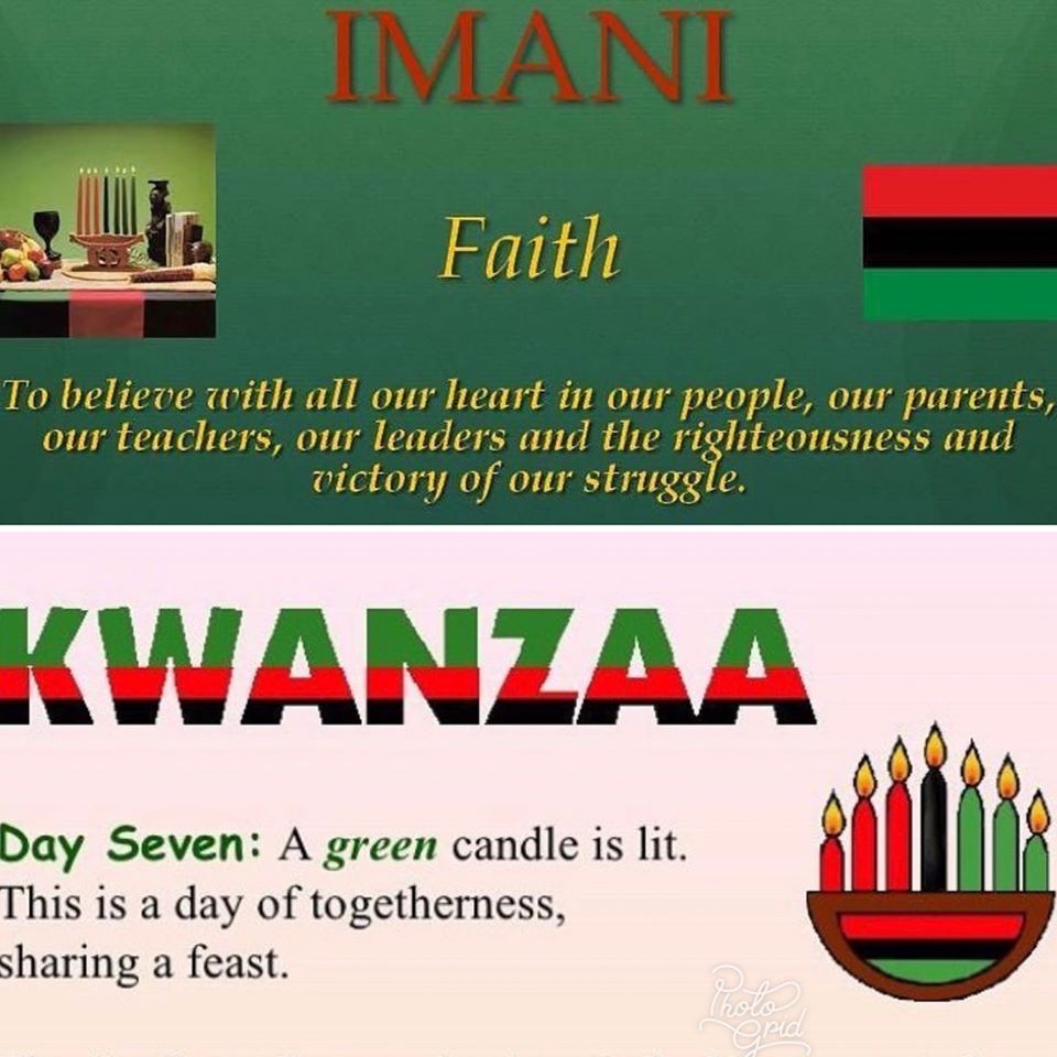 Imani/Faith:~ "To believe, with all our heart, in our Creator, our people, our parents, our teachers, our leaders, and the righteousness and victory of our struggle."