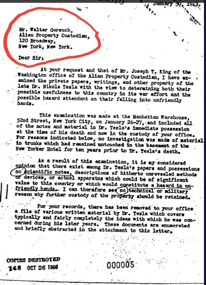 By many accounts, Tesla had some 80 trunks filled with notes and equipment plus what he kept in his personal safe. A lot of highly technical things to go through for 1 man. But John managed it in 2 days because he concluded there was “no scientific notes” within any of it.