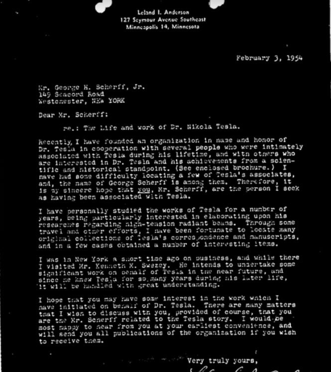 Anderson wanted the information to both memorialize Tesla and continue his research along with Kenneth Swezey. Here are the letters Anderson sent to Scherff jr