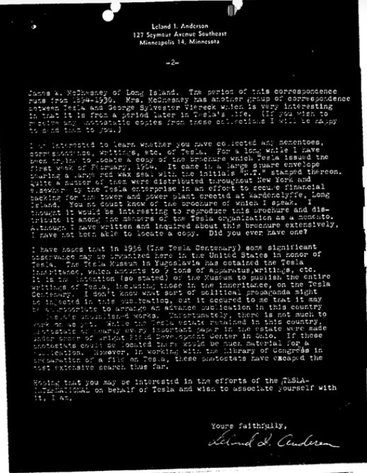 Anderson wanted the information to both memorialize Tesla and continue his research along with Kenneth Swezey. Here are the letters Anderson sent to Scherff jr