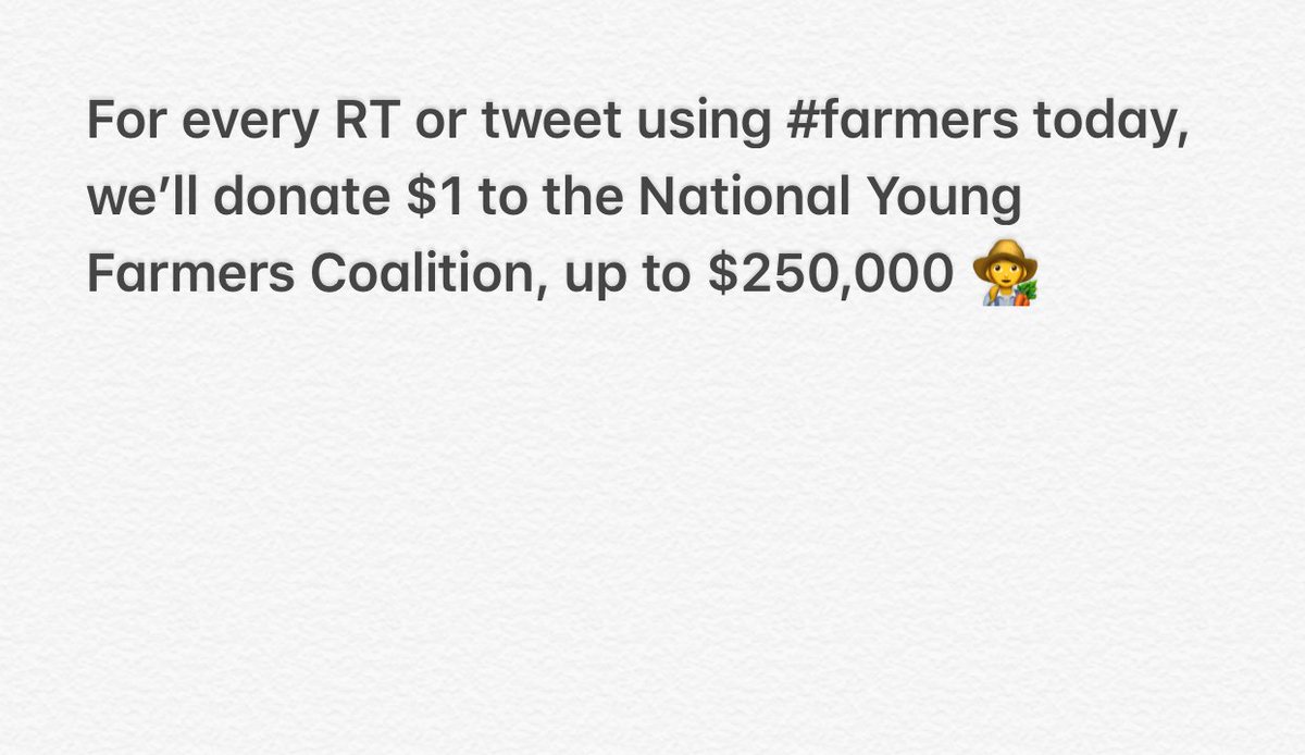 Chipotle (@chipotletweets) on Twitter photo Join us in supporting the next generation of farmers. For every RT or tweet using #farmers today, 1/1, we’ll donate $1 to <a href="/YoungFarmers/">Young Farmers</a>, up to $250,000 👩🌾 Join us in supporting the next generation of farmers. For every RT or tweet using #farmers today, 1/1, we’ll donate $1 to <a href="/YoungFarmers/">Young Farmers</a>, up to $250,000 👩🌾