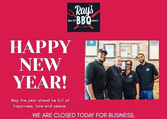 RaysBBQ1's tweet photo. Looking forward to serving you in The New Year! Wishing you peace, prosperity and happiness. We are closed today, but will reopen tomorrow to cure your bbq fix! #raysbbqshack #smokingoodbbq https://t.co/v1oIV3pKJz