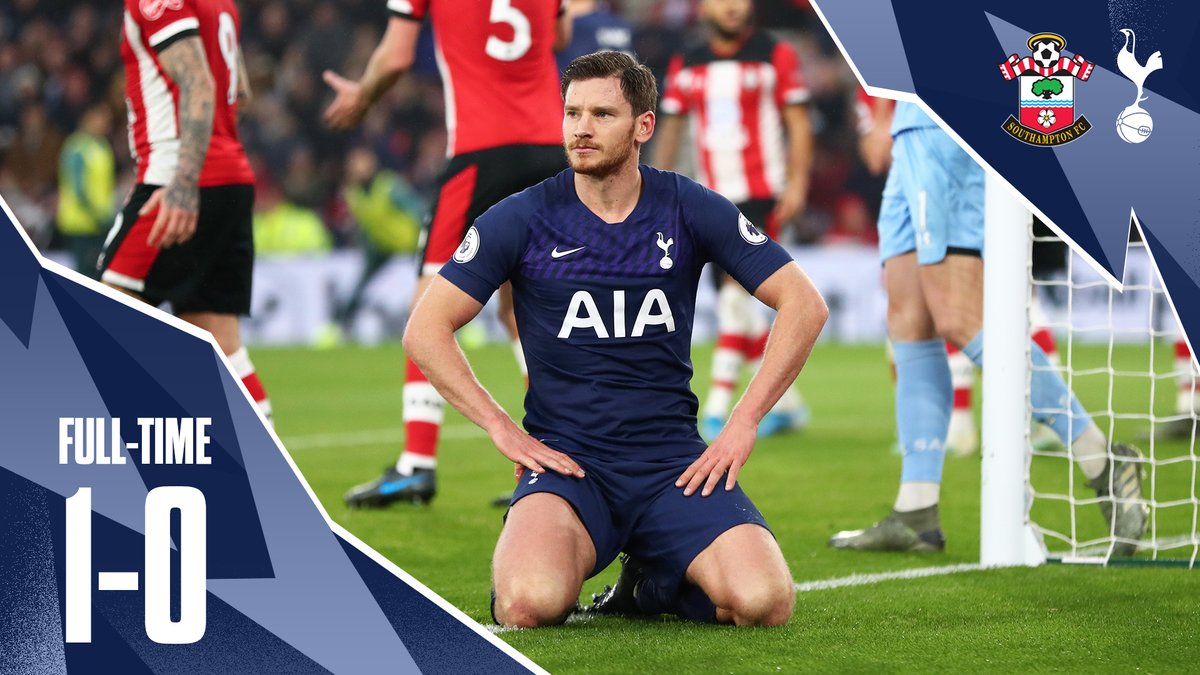 SpursOfficial's tweet photo. FULL-TIME: A disappointing afternoon ends in defeat at St Mary's. 

🔴 #SaintsFC 1-0 #THFC 🔵 https://t.co/gI1TrbYpEC
