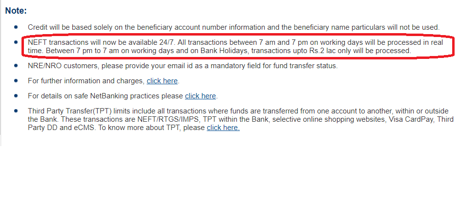 arvindjudge's tweet photo. Dear @HDFC_Bank @HDFCBank_Cares Why there is limit of 2Lac after 7PM and Holidays when NEFT is supposed to transfer even more than that?
Also u r still mentioning the charges n cutoff time on the NEFT page whereas RBI has asked to take away both. Wud u please update the content? https://t.co/AfbgoMC0pb