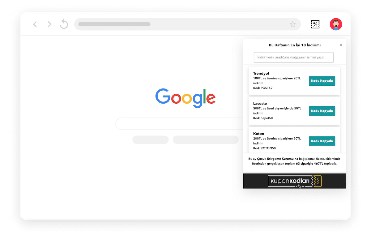 oozn's tweet image. Arkadaşlar Chrome için şöyle bir eklenti yaptım. 
Eklentide Türkiye'deki online mağazalarının indirim kodları var. Siz ilgili mağazadayken, size indirim kodlarını gösteriyor. 
Kodlarla alışveriş yaptığınızda da biz bir hayır kurumuna bağış yapıyoruz.
kuponkodlari.com/iyikod/