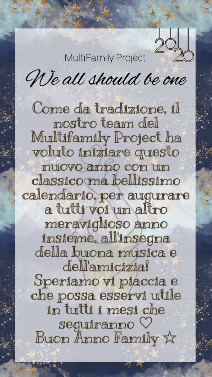 multifamilyita's tweet photo. Il team del Multifamily Project vi augura un Buon Anno con il nostro meraviglioso calendario ๐
Link: https://t.co/6P9wR4Wwuf
Speriamo vi piaccia โญ
#kpop #multifamilyproject #straykids #day6 #astro #NFlying #got7 #theboyz #nct #wayv #onewe #bts #oneus #shinee #therose https://t.co/aMhFobFulV
