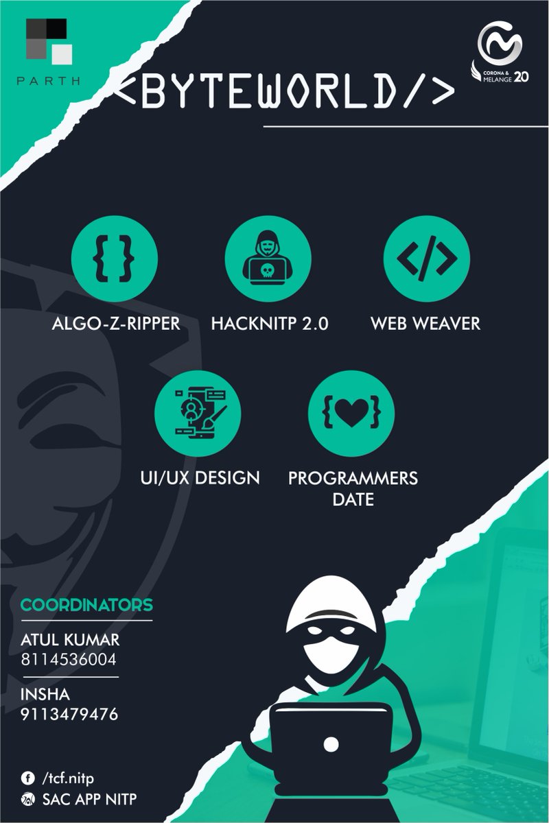 tcf_nitp's tweet photo. Byteworld '20 is now refurbished with amazing competitions especially the most awaited Hack'NITP which brings out your coding skills to light.

For rules, refer https://t.co/kG5erm0KDv
#TCF20 #Corona #Byteworld #TheUnchartedTerritories #Hackathon https://t.co/6BohBuhpo5