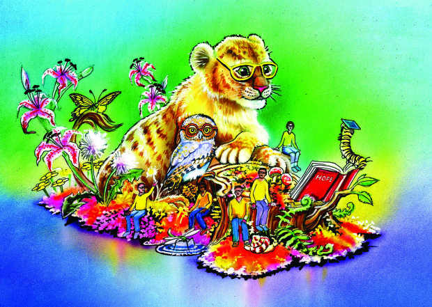 PasStarNews's tweet image. Celebrating its 30th year with this #RoseParade entry,@lionsclubs International has a young lion cub sporting custom spectacles, reading his favorite new library book with the assistance of a bookworm trib.al/a1XbUDM