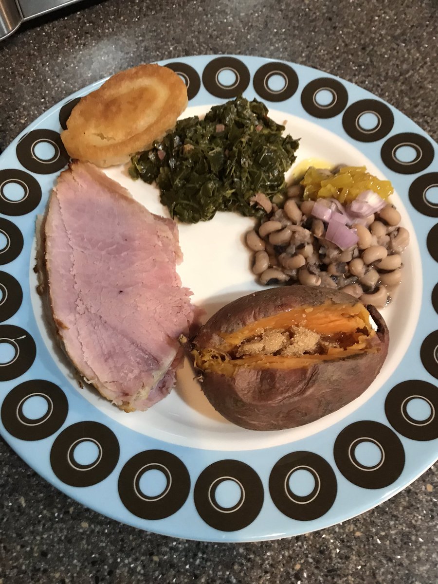 We enjoyed our New Year’s Day meal! We had baked ham, collard greens, black eyed peas, baked sweet potatoes, & fried corn bread. Cheers to good health, wealth, & prosperity! #NewYearsDay2020