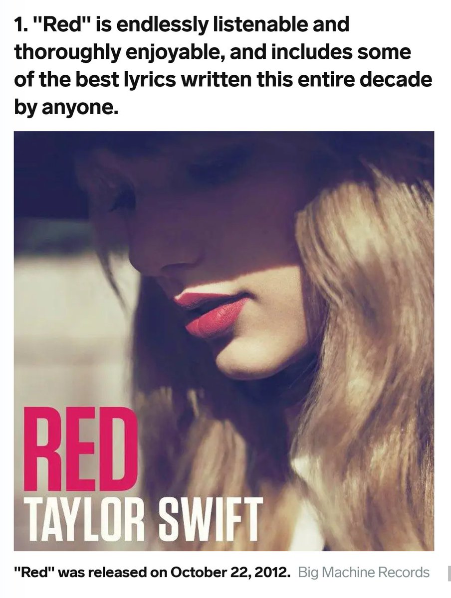 Lordeosis's tweet photo. @thisisinsider has named "Red" &amp; "1989" by Taylor Swift 1st and 13th best album of the 2010s respectively.
"one of the best lyrics written this entire decade by anyone"
"1989 solidified Taylor Swift as a pop queen"
Congratulations, @taylorswift13! https://t.co/oxfjAf3rp1