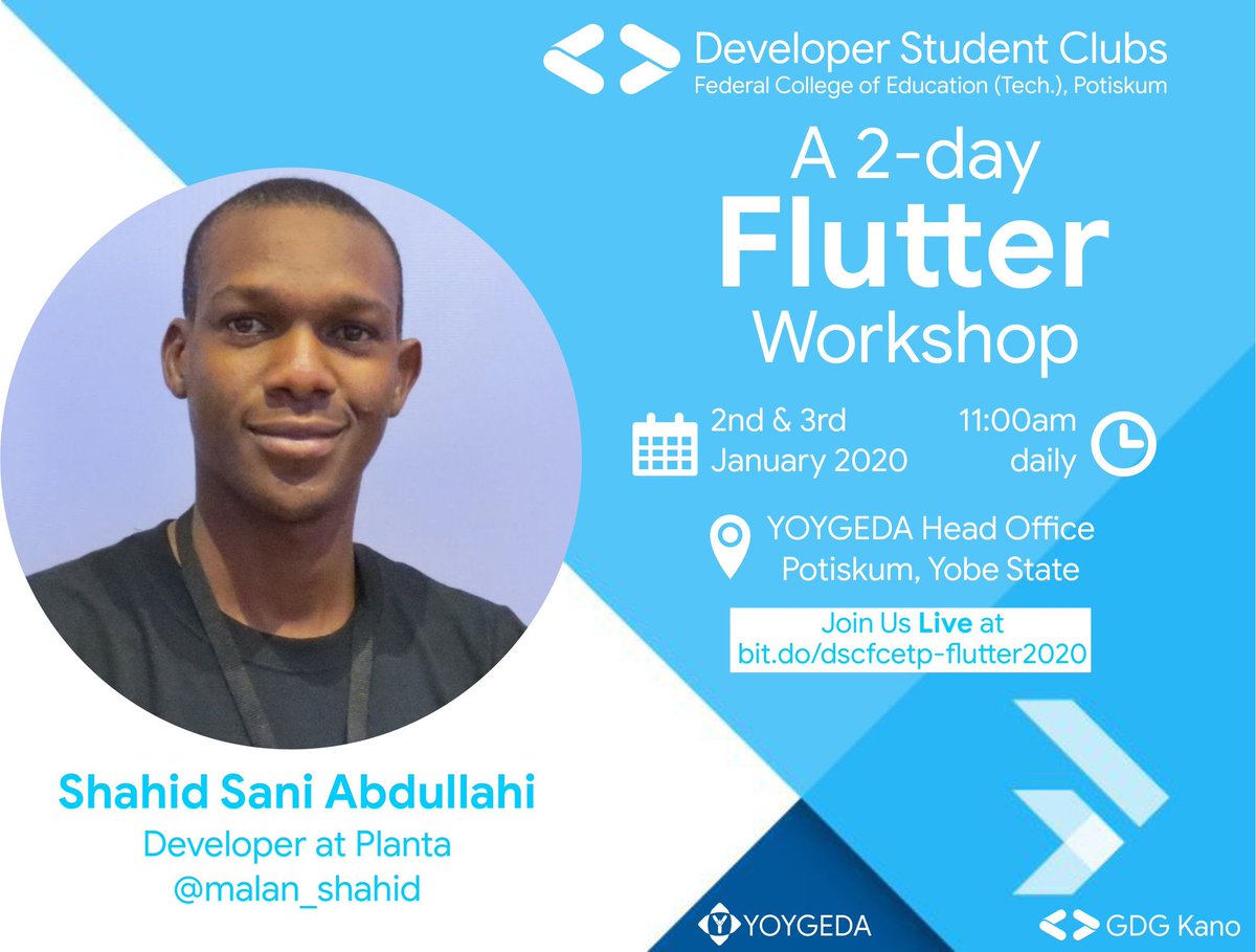 GDSCFCETPot's tweet photo. Join us tomorrow for Flutter Workshop with @malan_shahid, co-lead @gdgkano. He has over 5 years experience in mobile development. You can join us live at https://t.co/v3DjUBKUCl.

@abdulmabdulfata @auwalms @aniediudo https://t.co/Iw0G28VzfH