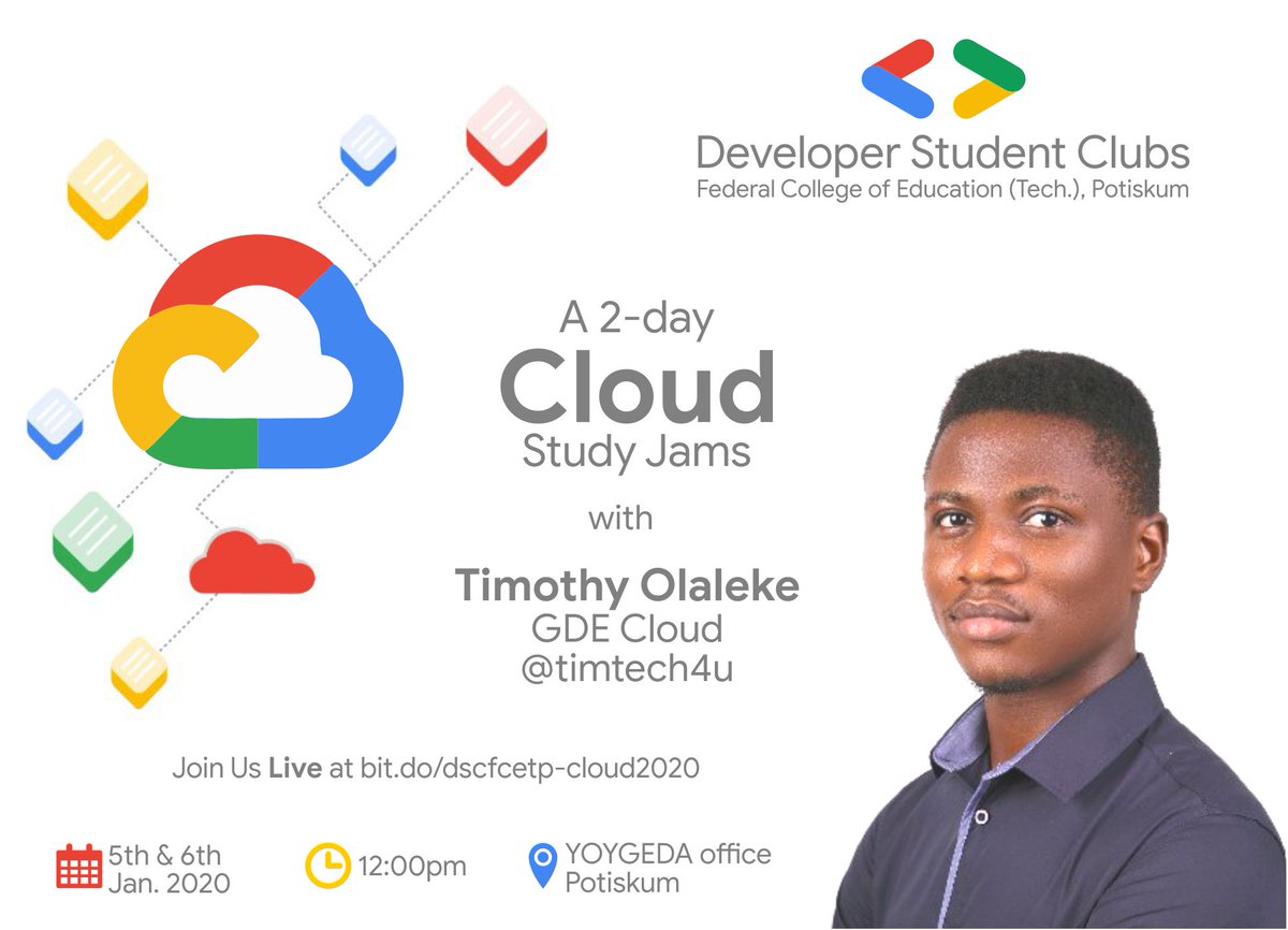 GDSCFCETPot's tweet photo. Join us for a 2-day Cloud Study Jams with @timtech4u GDE Cloud and Software Engineer @DigitalMercurie. You can join us live at https://t.co/mpZlZS5UQJ

@abdulmabdulfata @auwalms @aniediudo https://t.co/kAE6vTS4Nn