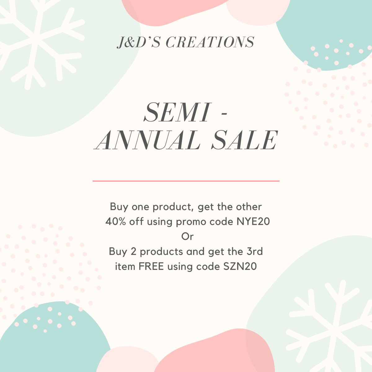 JandDsCreations's tweet photo. J&amp;D’s Creations Semi Annual Sale 
Buy one product at regular price and get another product 40% off using code NYE20
OR 
Buy 2 products and get the 3rd item FREE using promo code SZN20 
Sale won’t be around for long so shop https://t.co/d9EgQb0mCz
(Sale valid for online purchases) https://t.co/fRmyWZs3j9