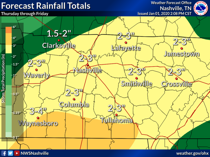 NWSNashville's tweet photo. A Flood Watch is in effect for all of Middle Tennessee from Thursday afternoon through Friday afternoon. Rainfall amounts ranging from 2 to 4 inches are expected from Thursday through Friday, with the heaviest amounts occurring across southern Middle Tennessee. https://t.co/2FnWqJBajq