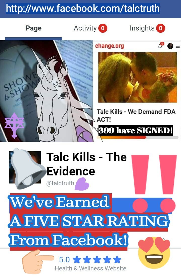 TalcTruth's tweet image. Congratulations @talctruth! 5 STAR FB RATING! ALL to SAVE LIVES. @realdonaldtrump @vp @fdacommissioner  #realDonaldTrump #VP #FDACommissionerFDACommissioner #HouseGOP #babypowder #ReutersLegal #AP #FoxNewsAlert  #elizabethcburch #JaySekulow #ACLJ #talc #talcumpowder #asbestos