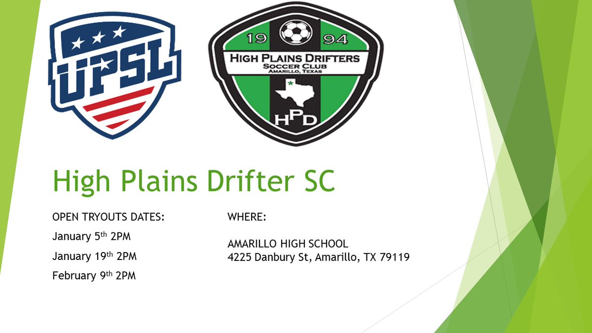 Let's build on a great inaugural season in the UPSL! Players in the Amarillo and surrounding area come tryout for the Drifters UPSL team. For more info or to ask questions email drifters.upsl@gmail.com GO DRIFTERS!