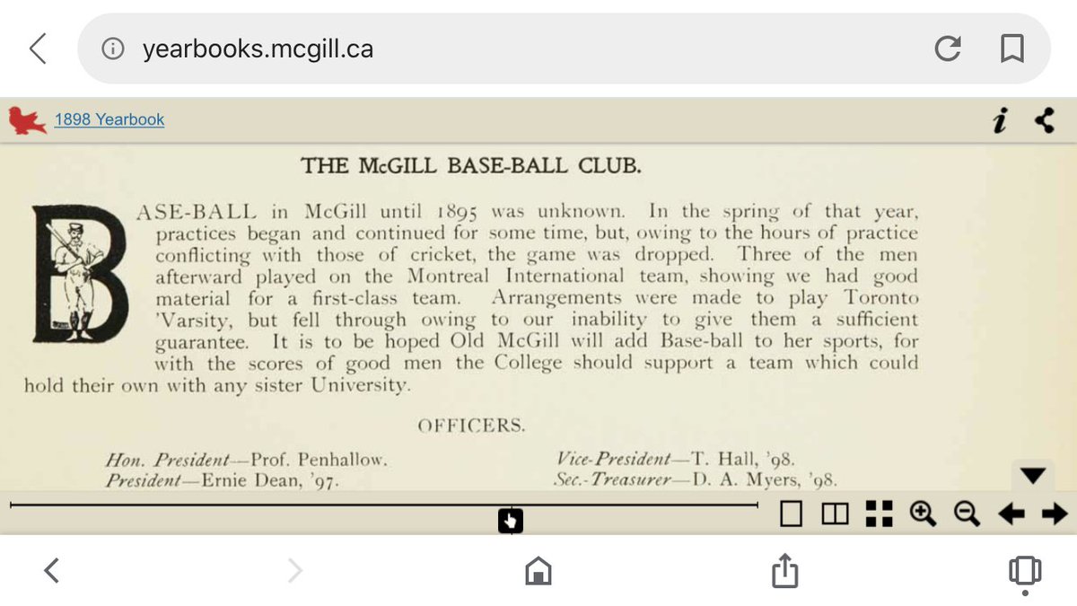 Montreal had a minor league baseball team in the 1890s and by 1895, the McGill baseball team became a reality. <a href="/McGillBaseball/">McGill Baseball</a> 
baseballhall.org/discover/montr…