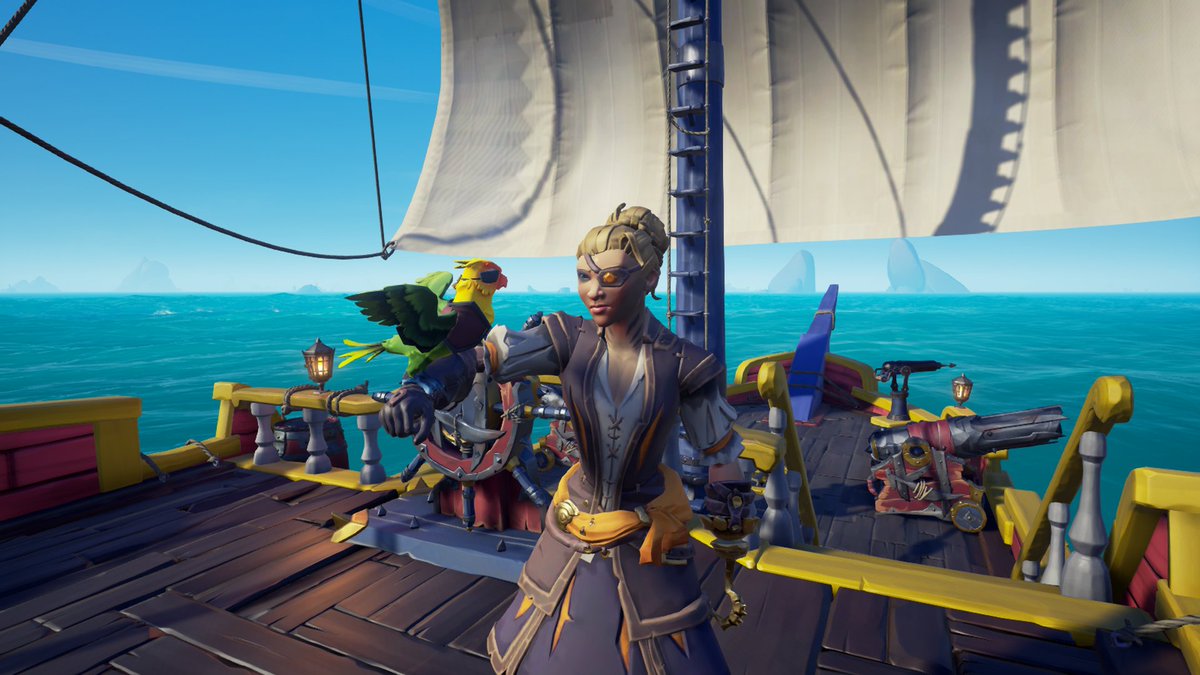 CaptainJollydog's tweet photo. Glamorous photoshoot with the lovely pirate, @SombraRoxa and the silly parrot, Sweet Pea. #SeaOfThieves #BeMorePirate #XboxShare https://t.co/bSp9ZE6Izm