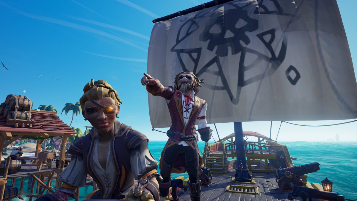CaptainJollydog's tweet photo. Glamorous photoshoot with the lovely pirate, @SombraRoxa and the silly parrot, Sweet Pea. #SeaOfThieves #BeMorePirate #XboxShare https://t.co/bSp9ZE6Izm