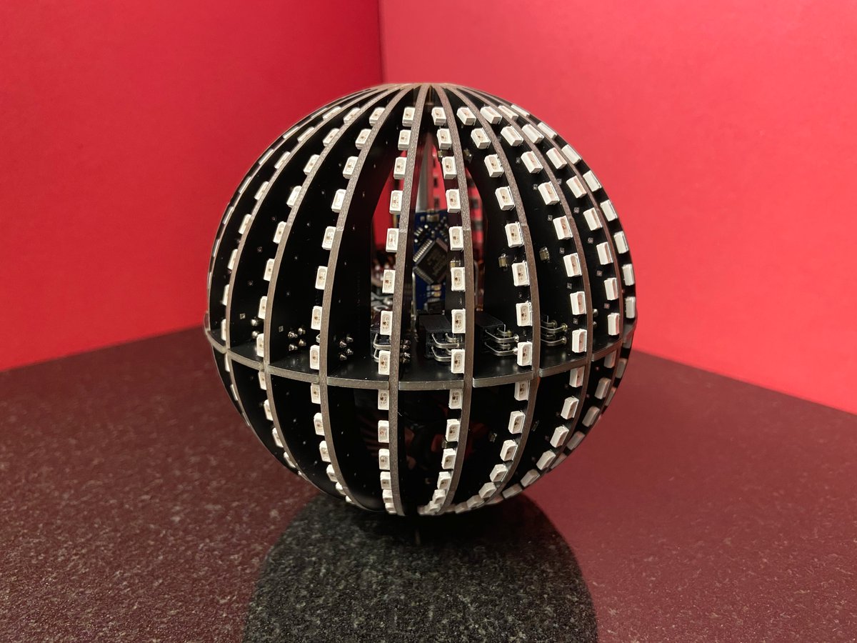 HiboTronix's tweet image. It&apos;s finished! 384 RGB LEDs controlled by an @arduino Nano Every (@MicrochipMakes atmega4809), LSM6DS3 Accel/Gyro, 1200mah lipo and charger, boost converter and power switch all in a 100mm/4in sphere.😅
Video to follow...
#Discoball #Maker #ledsphere