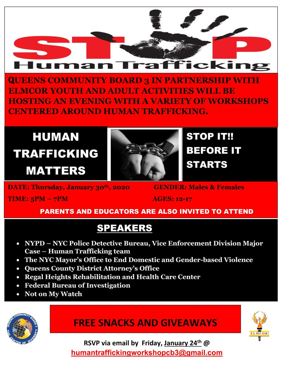 RenettaEnglish1's tweet photo. Human Trafficking Matters - Stop It! Before it Starts
Jan 30th 5pm - 7pm
Elmcor Youth and Adult Activities, Inc.
107-20 Northern Blvd, Corona, NY
Males &amp; Females Ages 12 - 17
Parents and Educators are also Invited to Attend
RSVP by Jan 24th @ humantraffickingworkshopcb3@gmail.com https://t.co/tKv3xCBgtR