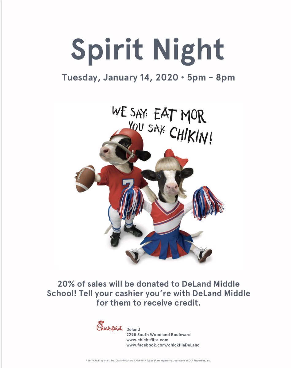 AricoJones's tweet photo. Chick-fil-A Spirit night January 14th. Come out and support DMS!#dmsterriers @jrdevito19 @BrianGoddard17 @R_Mahaney @KARainge https://t.co/MGlTEpfJGv