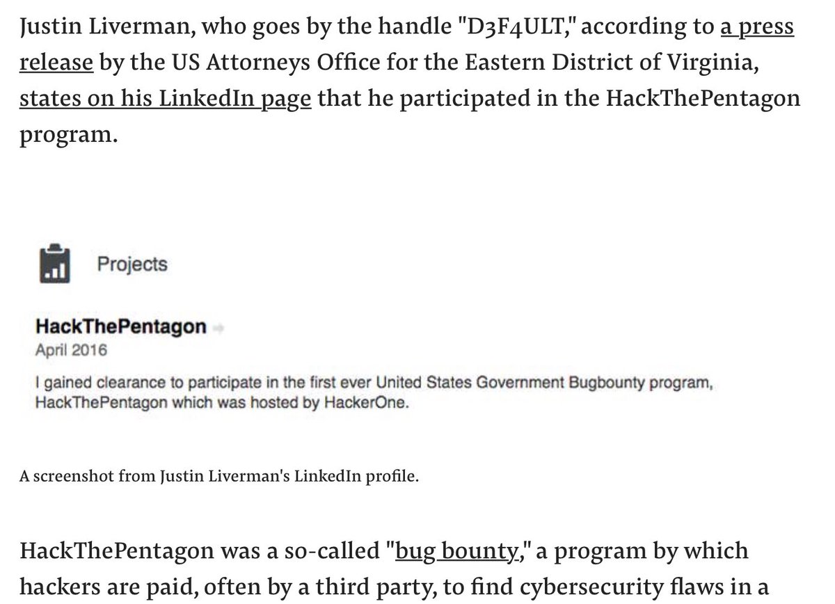 Justin Liverman started on his Linked In that he participated in the Pentagon’s “Hack The Pentagon” program.  https://www.buzzfeednews.com/article/josephbernstein/crackas-with-attitude-arrest-pentagon-bug-bounty#.ljvvv7JYxJ