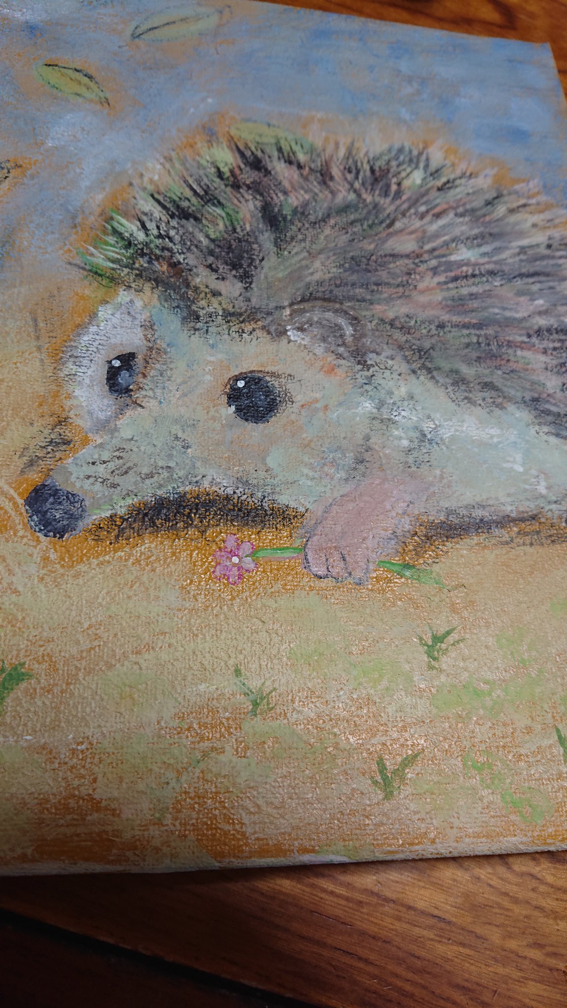 ハリネズミ　油彩画　原画 油絵 油彩 油彩画 絵 絵画 ミニ色紙【ネモフィラの丘