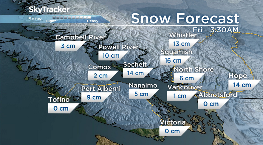 KGordonGlobalBC's tweet photo. S.Coast snow tomorrow! Vancouver Island &amp; Sunshine Coast in morning &amp; afternoon. Sea-to-Sky &amp; Metro Vancouver anytime after 12pm. 
It will likely start as rain in Metro Van but has the potential to transition to snow sometime between 2-8pm, then back to rain after 8pm.
#BCStorm https://t.co/MZgf6gO3lp