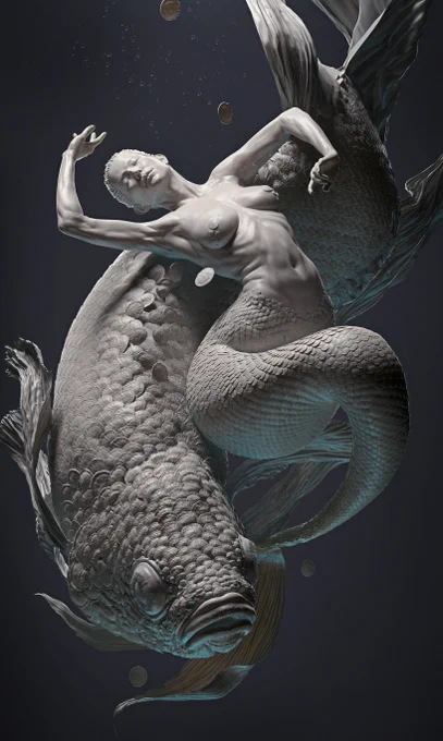 あけおめです!12月中頃から作ってた「Mermaid」が完成!こだわりポイントは、なるべくモデリングで全てを表現すること、ウロコの一枚一枚、ヒレの血管っぽいとこの一つ一つ、魚の虹彩の一粒一粒をモデリングで作った。そのためにHoudiniやMarvelousDesignerとか色々なソフト勉強して楽しかった^^ 