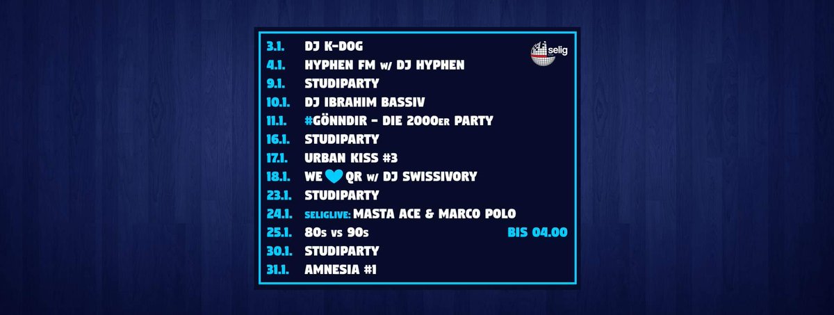 seligchur's tweet photo. Der #Januar 2020 im #SeligChur 

#kalender #new #läuft #dobinidahai #chur #üsigäscht #welschdörfli #graubünden #grischa #switzerland #friends #fun #best #club #music #dj #nightlife #weekend #student #tbt #live #urban #kiss #show #concert #mastaace https://t.co/p0tCPwTTBv