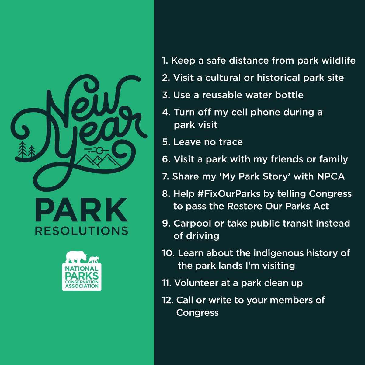 NPCA's tweet photo. Happy New Year park advocates! 🎉 If you're still pulling together your 2020 #NewYearsResolutions, add one of these to your list.
Have some of your own? Share and tag #MyParkResolution https://t.co/srIr77t03n