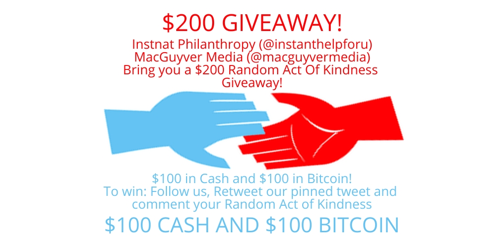 IPGaming_YT's tweet photo. Come join our $200 ($100 in #Bitcoin and $100 in #Cash) Random Act Of Kindess (#RAOK) #Giveaway on Jan. 7th. We have collaborated with @macguyvermedia. To win submit a RAOK, follow us and retweet this tweet #GiveawayAlert #TwitterPhilanthropy #PeopleHelpingPeople #50crypto50cash https://t.co/5CjQzAknkq
