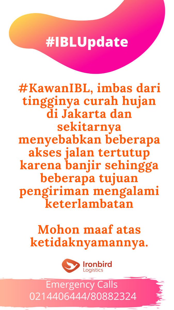 IBLogistics's tweet photo. Mohon maaf atas ketidaknyamanannya untuk hari ini akan mengalami keterlambatan pengiriman. Terima kasih https://t.co/vU9L4iHq4Y