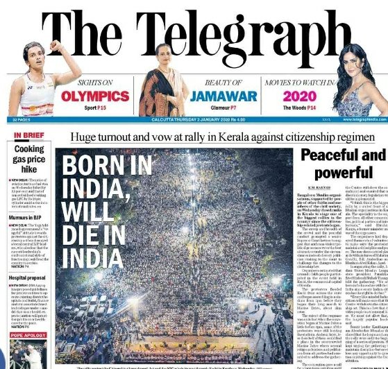 sumonseng's tweet photo. When you get up with this headline &amp; picture of front-page of @ttindia .
" Born in India Will die in India" 
Your day starts with Hope.
#ProtestsAgainstCAA 
#IndiaDoesNotSupportCAA 
#AgainstNPR 
#AgainstNRC https://t.co/v9clzXTfVu