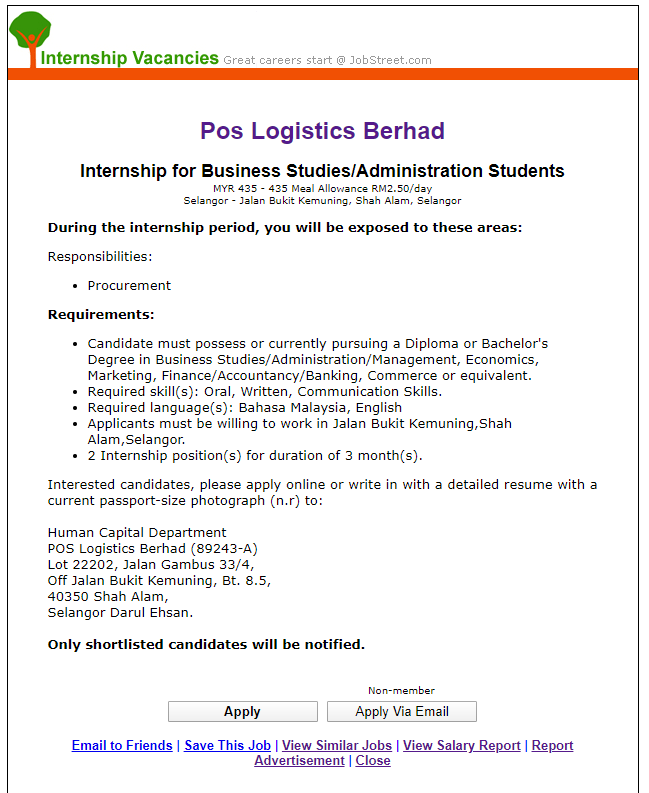 Twt Kerja Kosong On Twitter 17 Internship Di Pos Logistics Lokasi Selangor Tutup 1 Intership For Business Studies Administration Berminat Apply Di Https T Co Rlnlidtcfl Join Channel Kerja Kosong Ni Dan Share Ke Group