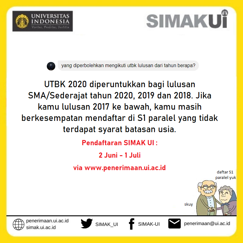 SIMAK_UI's tweet photo. Peserta UTBK 2020 khusus lulusan SMA/Sederajat 3 tahun terakhir.
Selain melalui UTBK, kamu jg bisa mendftar S1 reguler via jalur SIMAK UI, begitupun S1 paralel, Internasional, &amp; D3 Vokasi. Pndaftaran SIMAK UI utk semua jenjang tsb. akan dibuka serentak 2 Juni - 1 Juli mendatang. https://t.co/KX0pkKznPh
