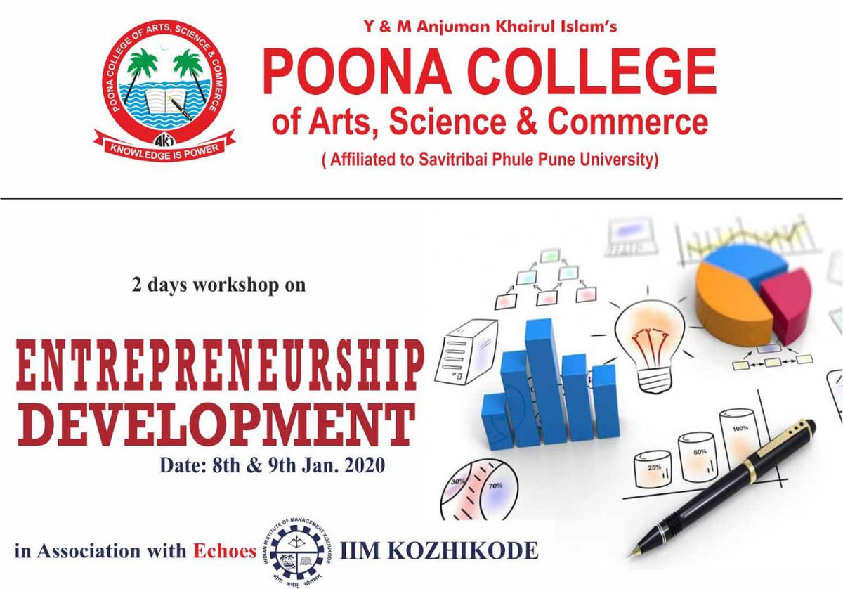 IedcPc's tweet photo. #EntrepreneurshipDevelopment 2-days #workshop on 8th &amp; 9th January 2020 in #PoonaCollege 
#JahanAaraPathan #pciedc #Pune 
#hugeopportunity
@IedcPc @JahanAaraPathan @SomiyaMohammed1 @ZarreenShaikh @MoizG5 https://t.co/CF5TkbFHoU