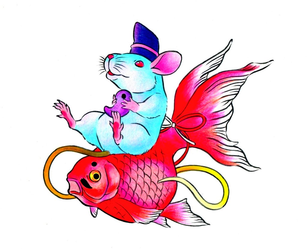 アカネツムリ 今年の干支 大黒様 恵比寿 の使いである 子 年は 庚子 かのえ ね の年 デザインは 子の五行である 水 水色 庚の五行である 金 金魚 として 2パターン塗ってみました 線は筆 色は色鉛筆で仕上げています お正月 アカネツムリ 今年の干支 大黒様 恵比寿 の使いである 子 年は 庚子 かのえ ね の年 デザインは 子の五行である 水 水色 庚の五行である 金 金魚 として 2パターン塗ってみました 線は筆 色は色鉛筆で仕上げています お正月