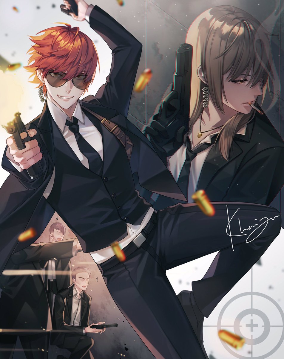 Khaizusan's tweet image. Last year(2019) art before my laptop’s dead.
Its Mystic Messenger so i do Agent 707 and Vanderwood calendar for 2020loveforallseason at tumblr.